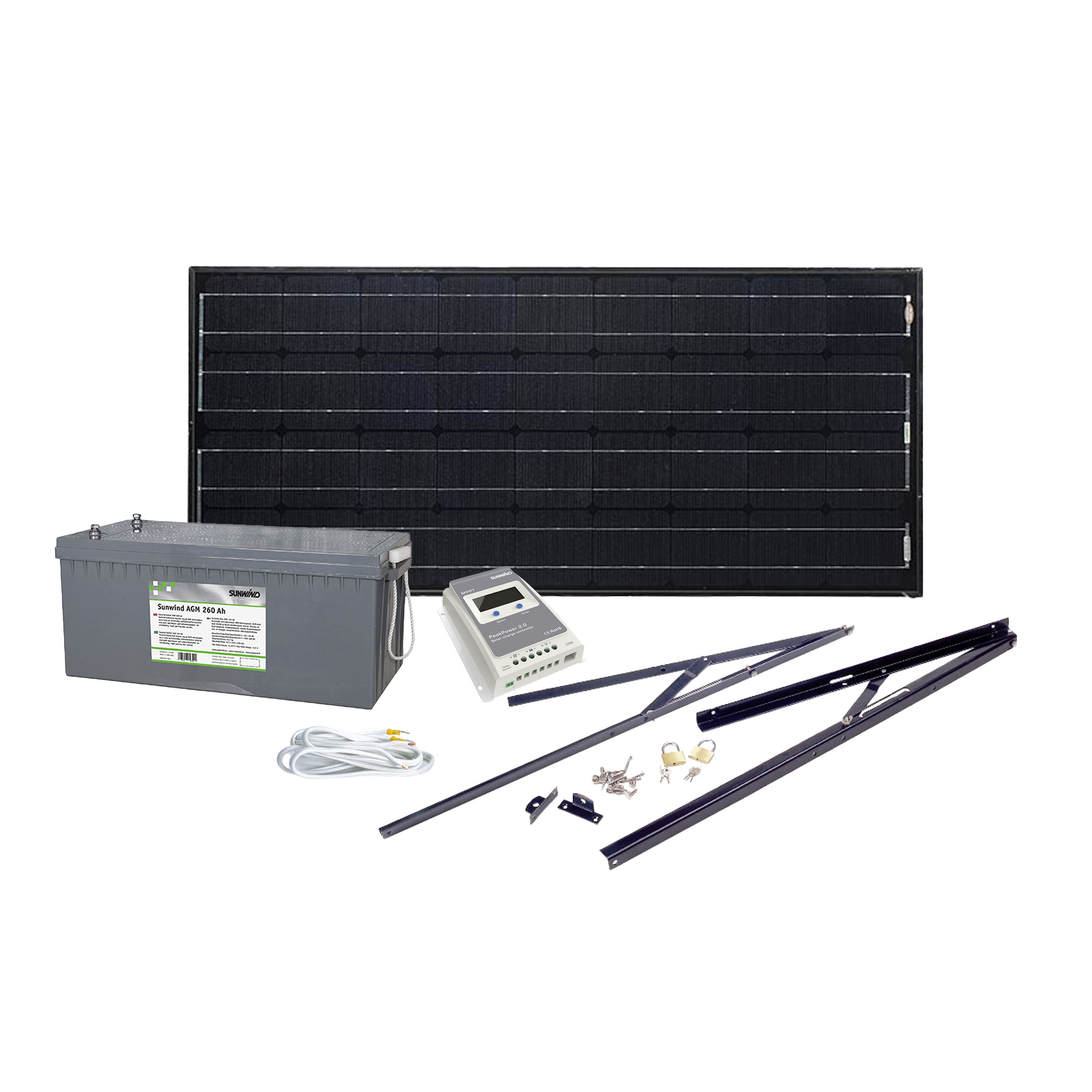 Solcelleanlegg 12V, 100 watt, AGM 260At, m/tilbehørspakke